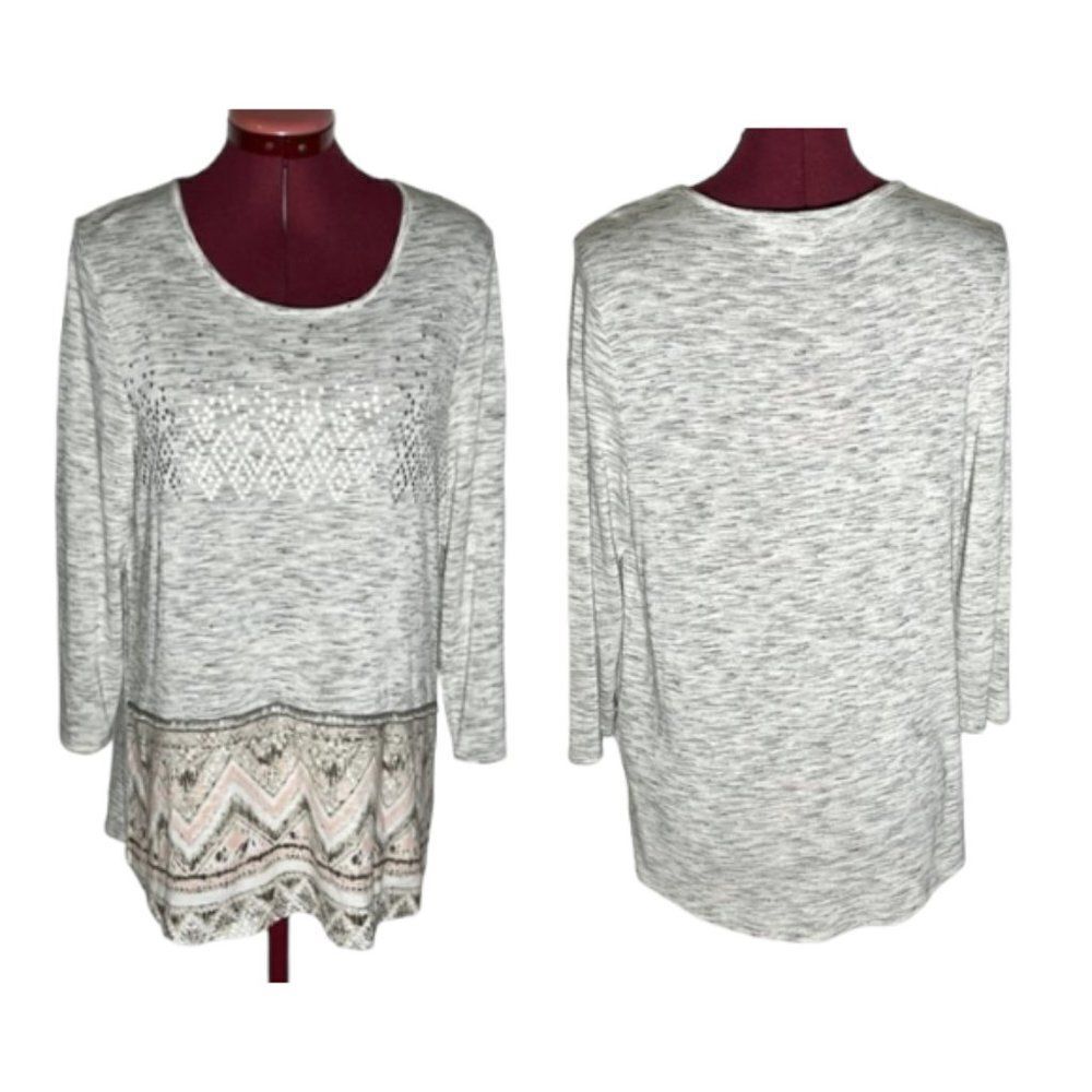 Chico's Boho Gray Pink Tribal Print Sequins Scoop Neck Tunic NWOT Medium